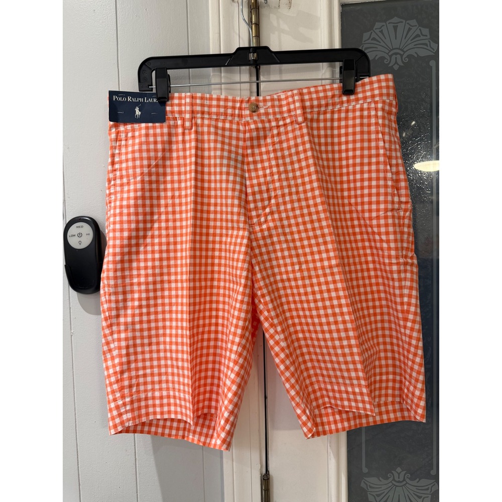 Polo Ralph Lauren Mens Suffield Gingham Shorts Orange White Cotton Size 35 NWT